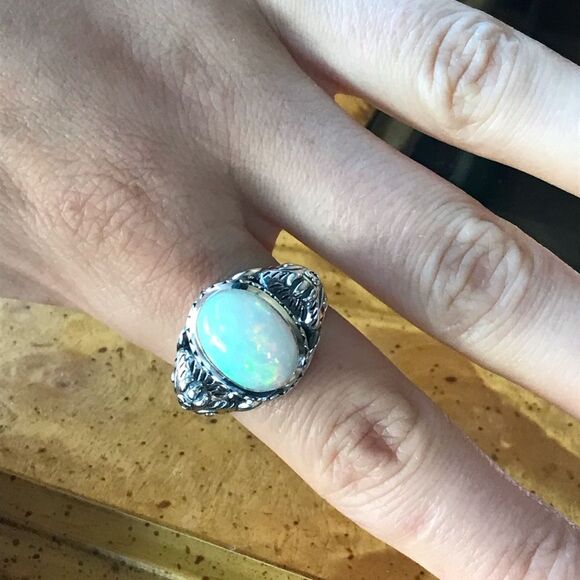 Natural Ethiopian Opal Sterling Silver Elephant Ring Size 8 - Picture 2 of 8